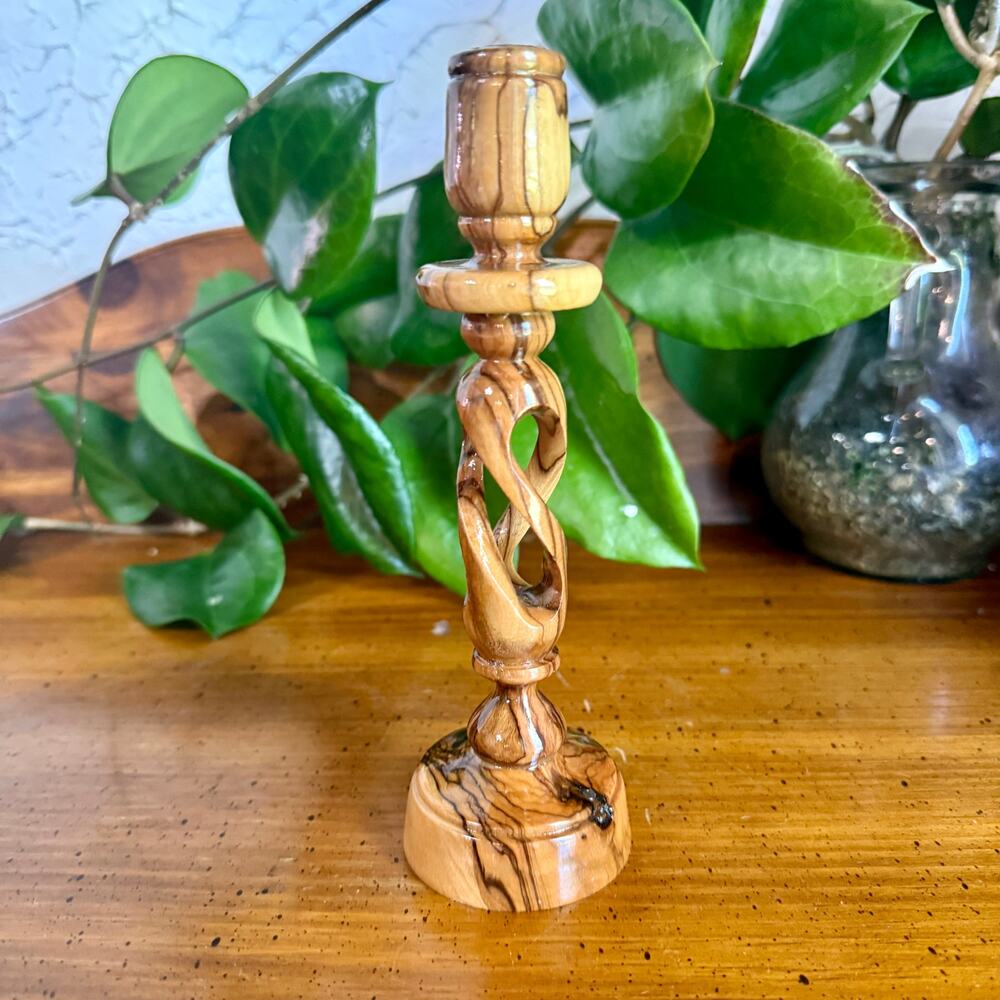 Vintage Hand Carved Olive Wood Candlestick Holder Twisted Openwork Taper Holder - Picture 4 of 8